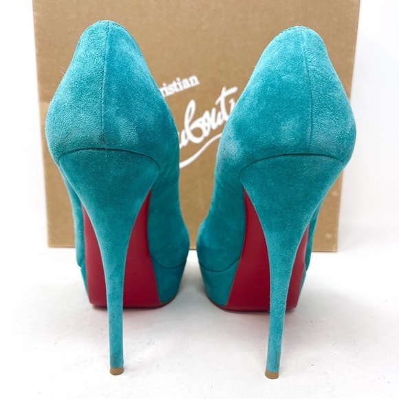 Christian Louboutin Troca 140 Genuine Suede Leather Peep Toe Heels Teel Sz 38.5 - Picture 6 of 9